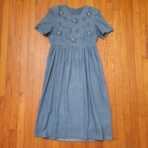 Vintage Plaza South Denim Dress 10 Floral Applique Midi Modest Homeschool